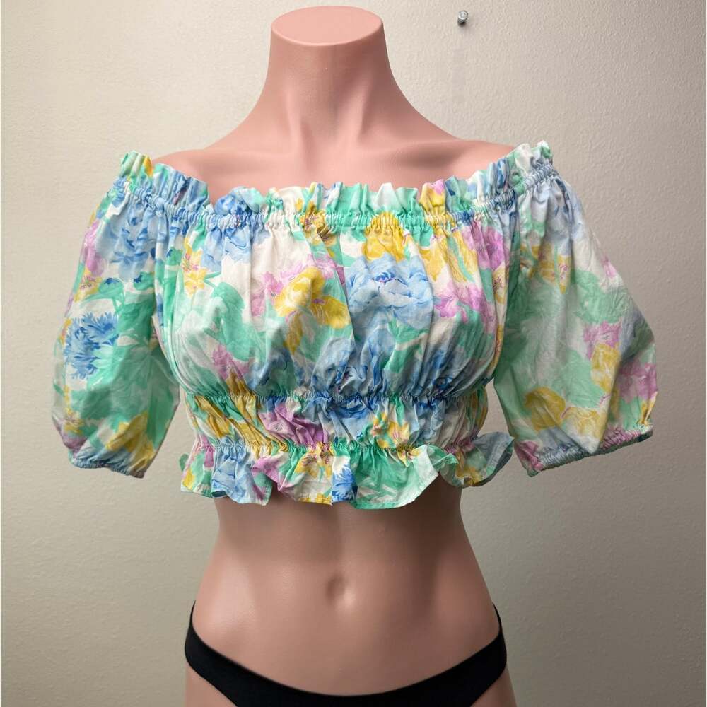 Zara Mint Green Floral Off Shoulder Puff Sleeve Crop Top Women’s US M